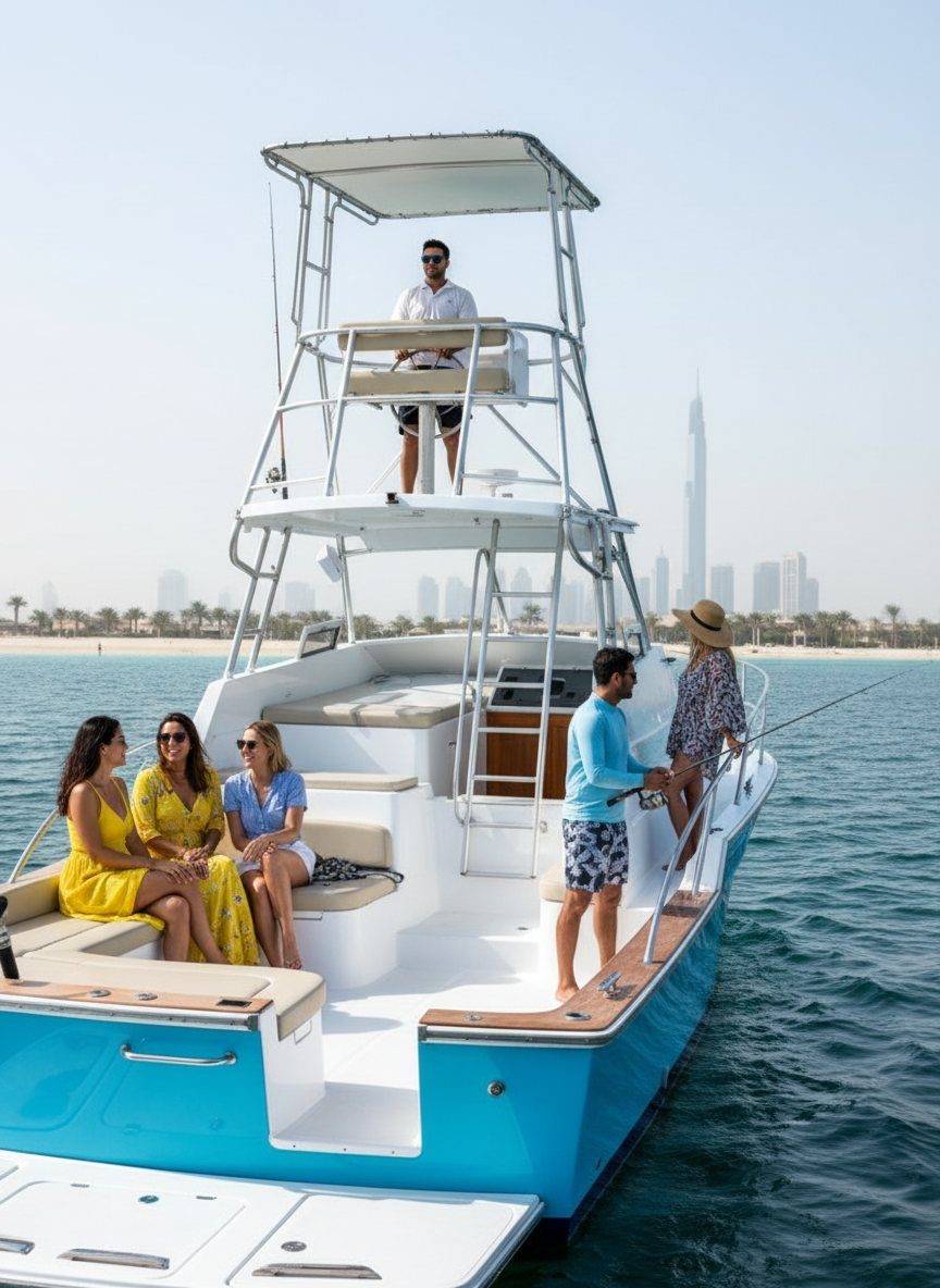 Captain steering a motor yacht with passengers relaxing at the sunny stern