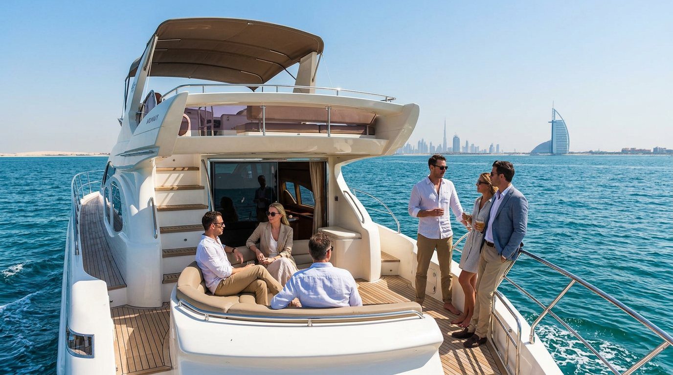 Colleagues in smart casual attire networking on an open yacht deck in Dubai