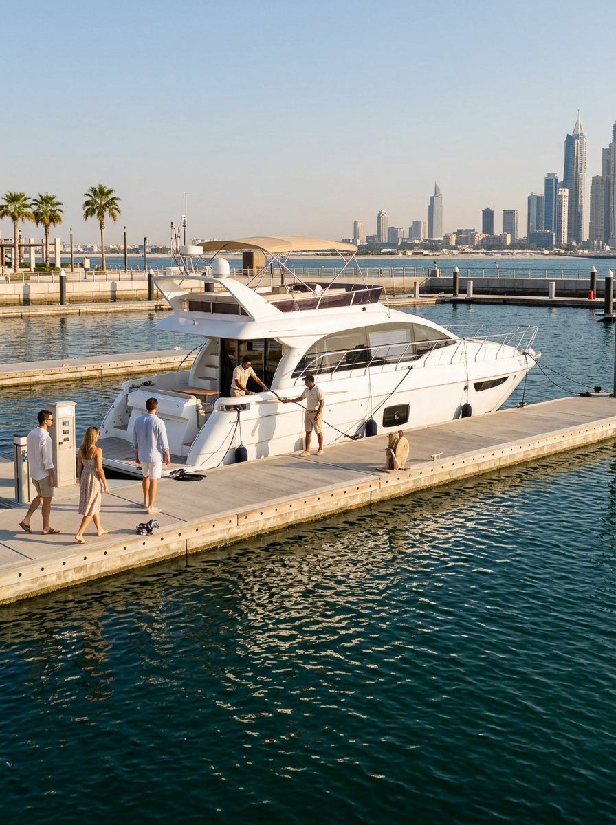 Crew members walking on a pier lined with yachts in Dubai Marina