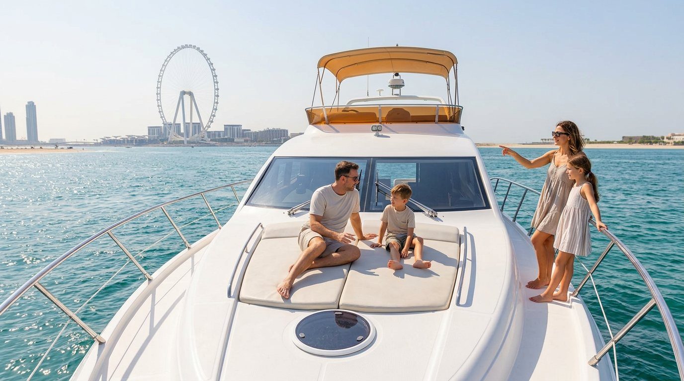 Family with children enjoying a sunny day on a Dubai yacht cruise