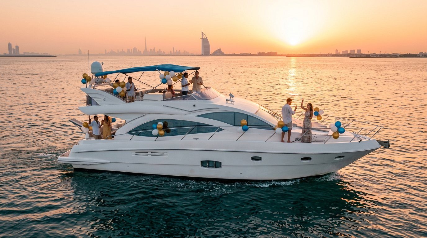 Guests celebrating on a yacht adorned with balloons against a sunset backdrop
