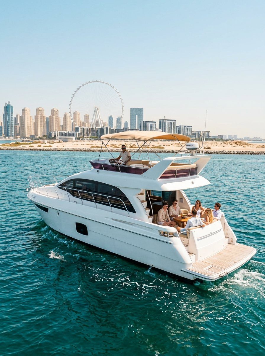 Skipper at the helm while guests relax near the scenic Dubai shoreline