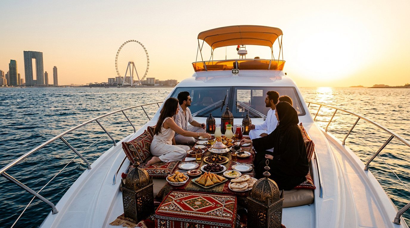 Traditional iftar feast with lanterns and dates arranged on a sunset yacht deck