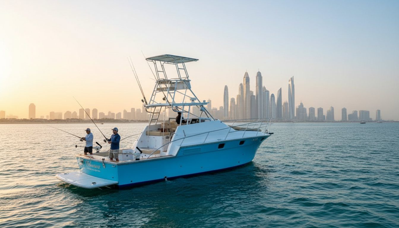 Two anglers holding fishing rods at the stern of a sport fishing boat