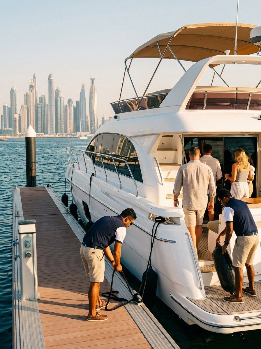 Uniformed yacht crew assembling on the marina dock beside the vessel