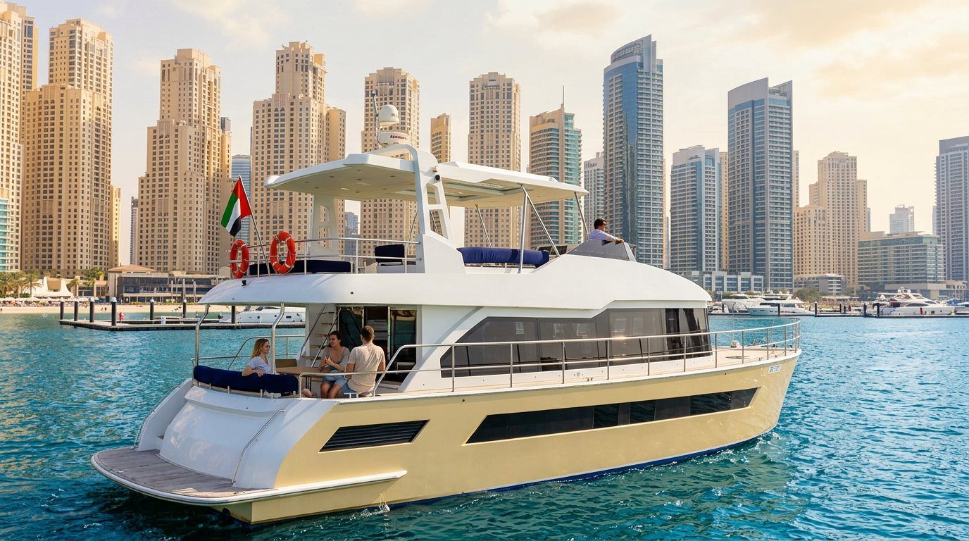View of Dubai Marina towers and docked boats from a yacht deck