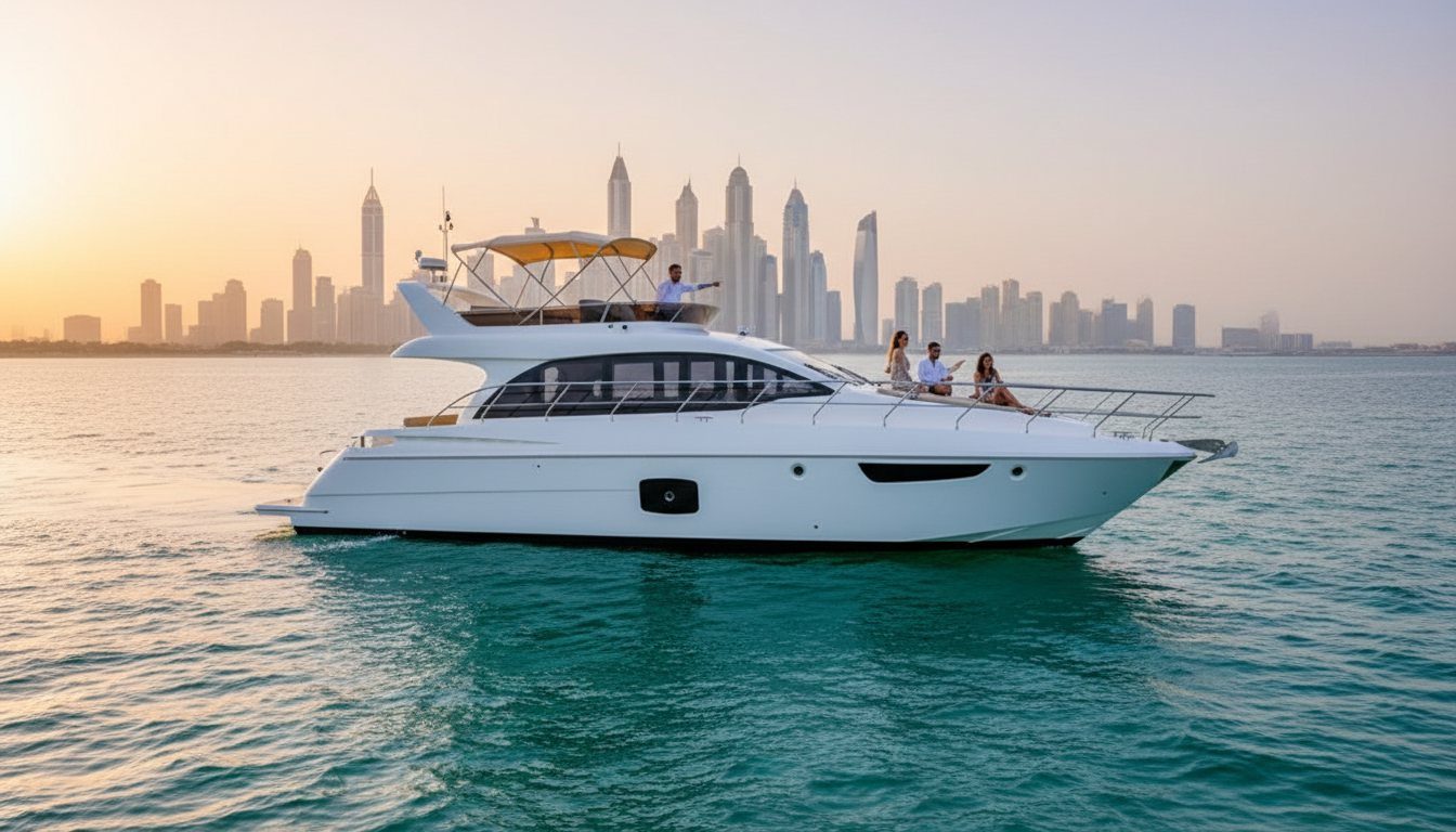 White motor yacht sailing on calm waters with Dubai towers glowing behind