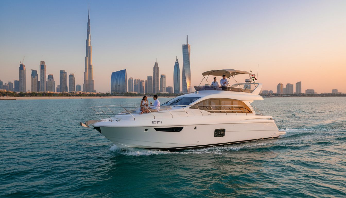 White private yacht sailing smoothly past illuminated Dubai landmarks in the evening