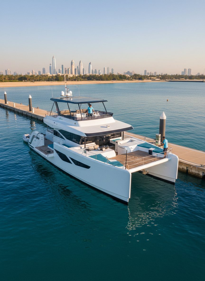 Yacht crew gathered on a Dubai marina pier in early morning light