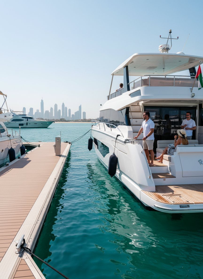 Yacht crew members standing together along a sunlit marina pier in Dubai